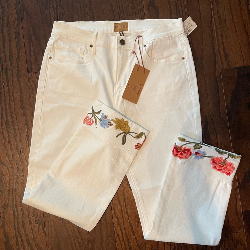 DRIFTWOOD White Straight Leg Jeans with Floral Embroidery